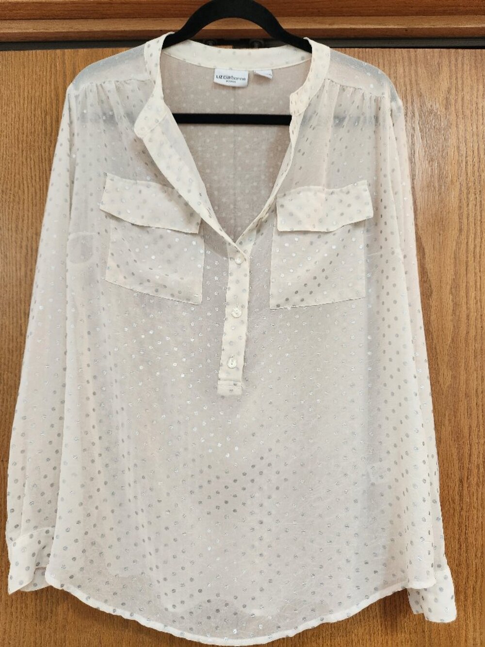 Liz Claiborne Women's 1X Ivory Sheer Blouse Metallic Silver Polka Dot Pocket Top